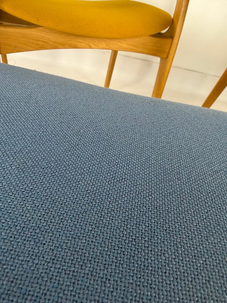 Set of four chairs, brown oak, blue and yellow fabric, by E. Buch, Denmark, 1960s. - 365503