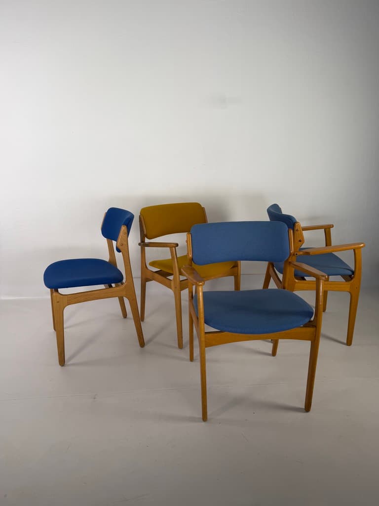 Set of four chairs, brown oak, blue and yellow fabric, by E. Buch, Denmark, 1960s. - 365498