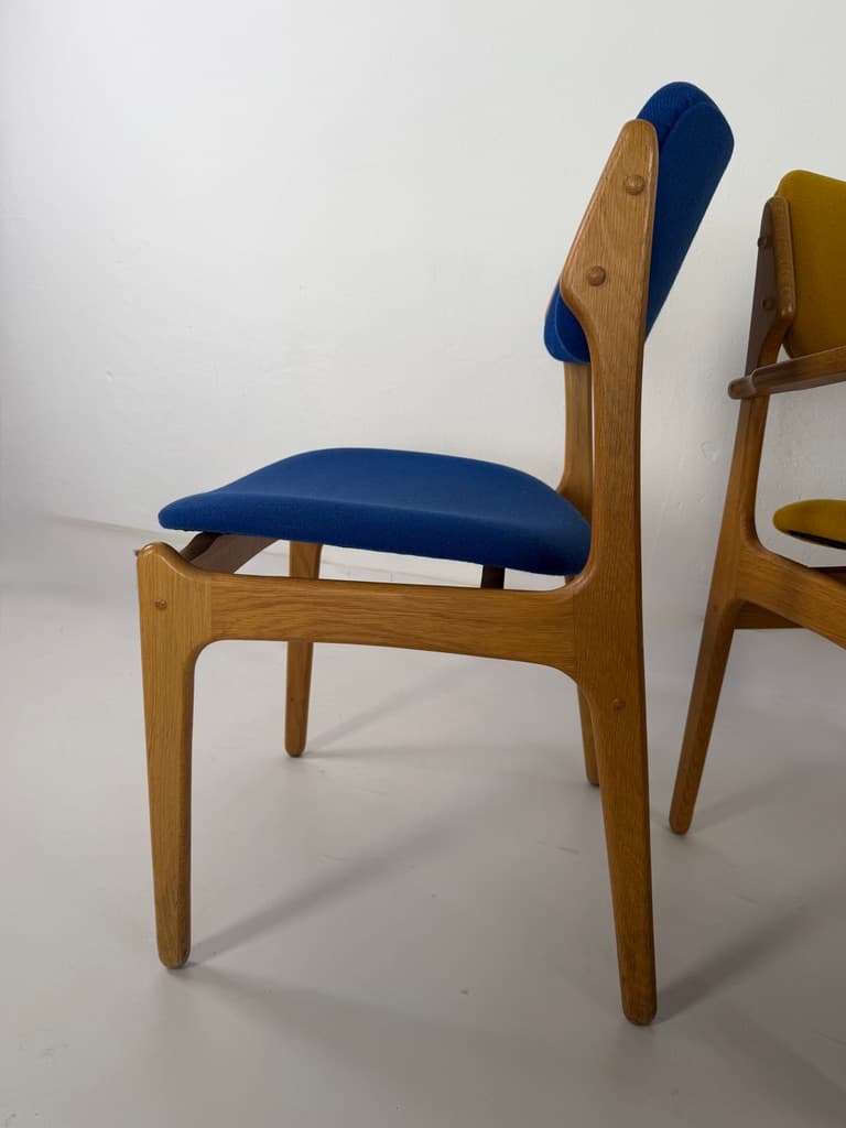 Set of four chairs, brown oak, blue and yellow fabric, by E. Buch, Denmark, 1960s. - 365497