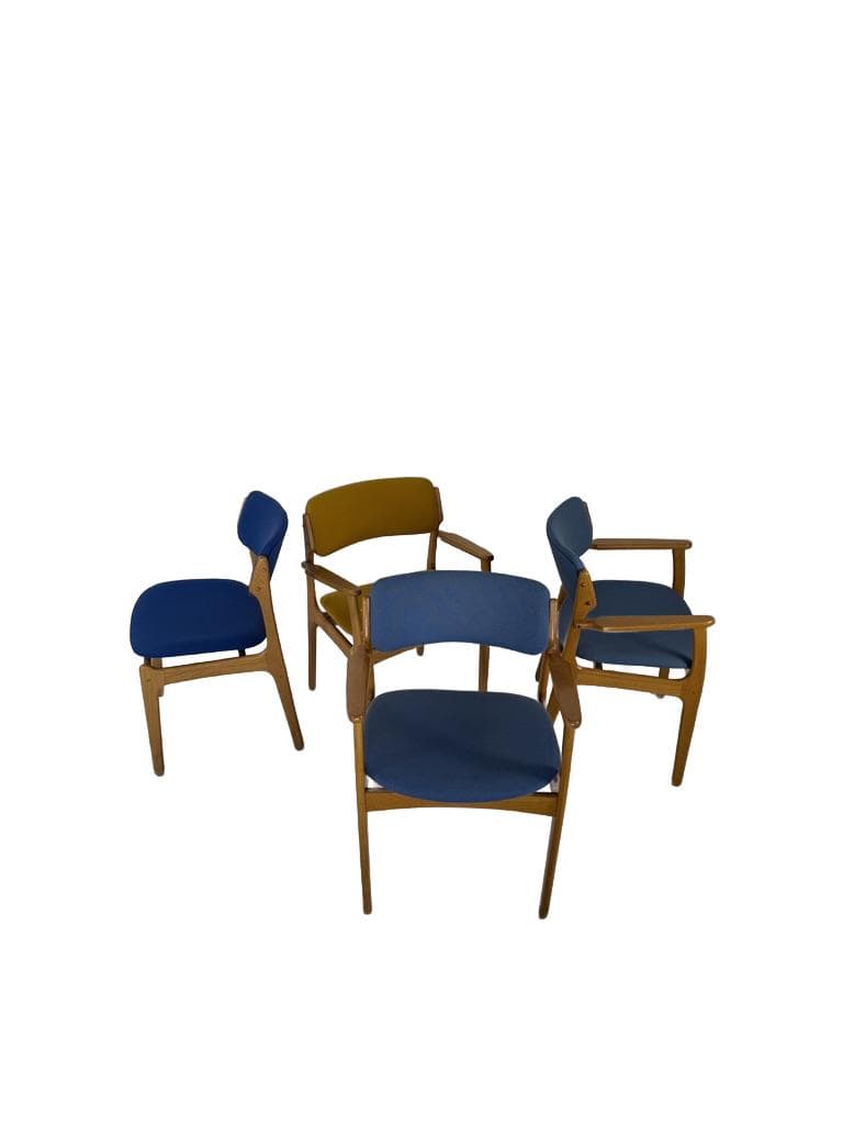 Set of four chairs, brown oak, blue and yellow fabric, by E. Buch, Denmark, 1960s.