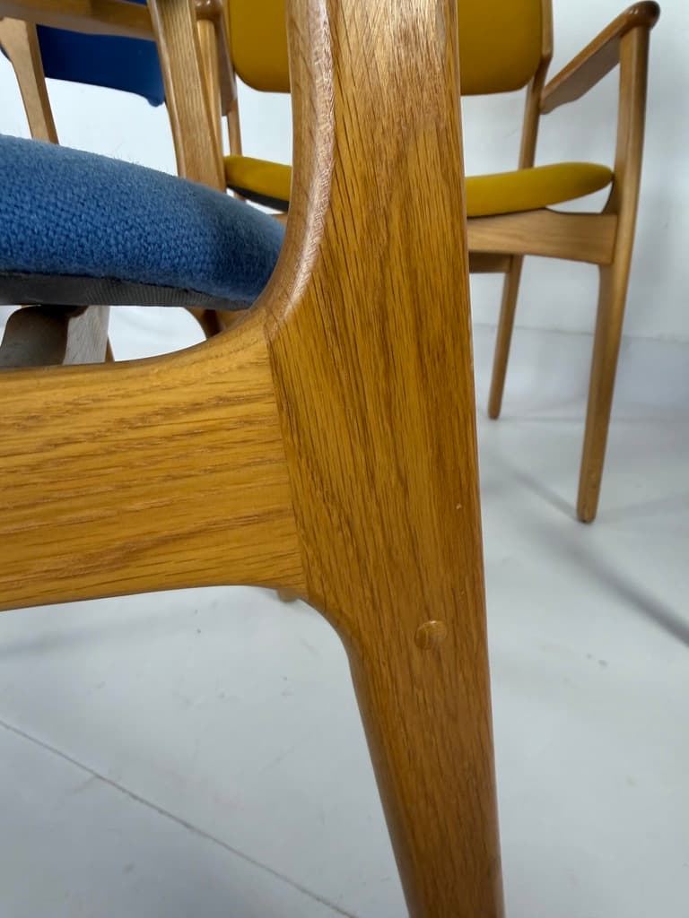 Set of four chairs, brown oak, blue and yellow fabric, by E. Buch, Denmark, 1960s. - 365501