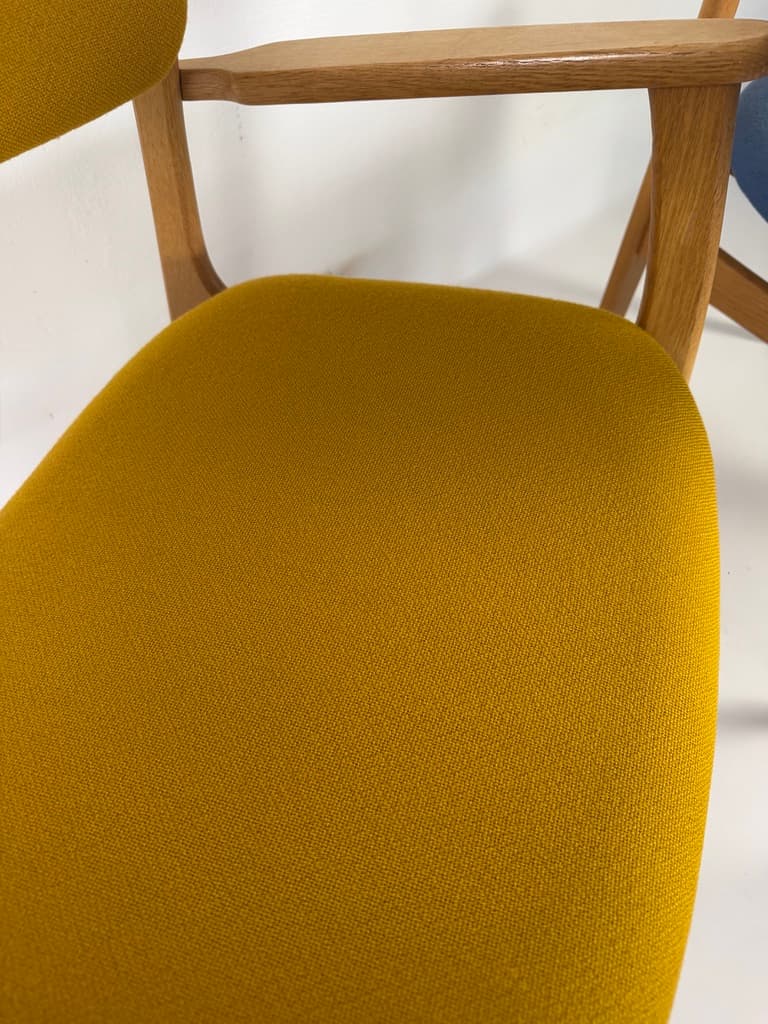 Set of four chairs, brown oak, blue and yellow fabric, by E. Buch, Denmark, 1960s. - 365502