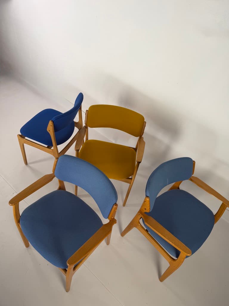 Set of four chairs, brown oak, blue and yellow fabric, by E. Buch, Denmark, 1960s. - 365500