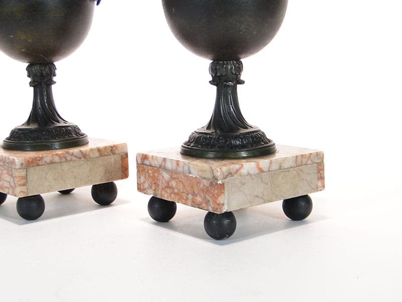 Pair of mantel garnitures amphorae, beige marble, brown-black metal, France, 19th century - 365507