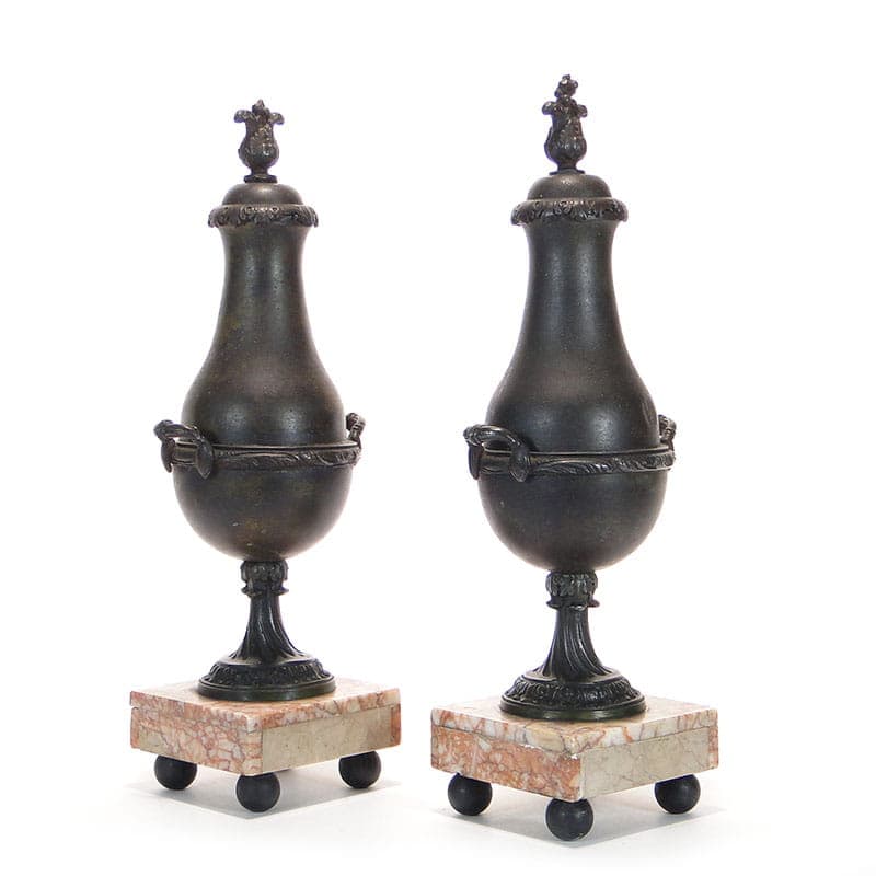 Pair of mantel garnitures amphorae, beige marble, brown-black metal, France, 19th century - 365504