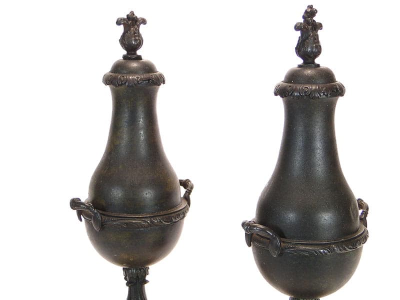 Pair of mantel garnitures amphorae, beige marble, brown-black metal, France, 19th century - 365509