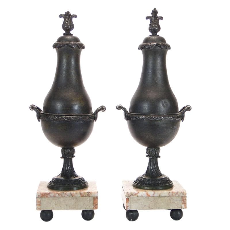 Pair of mantel garnitures amphorae, beige marble, brown-black metal, France, 19th century