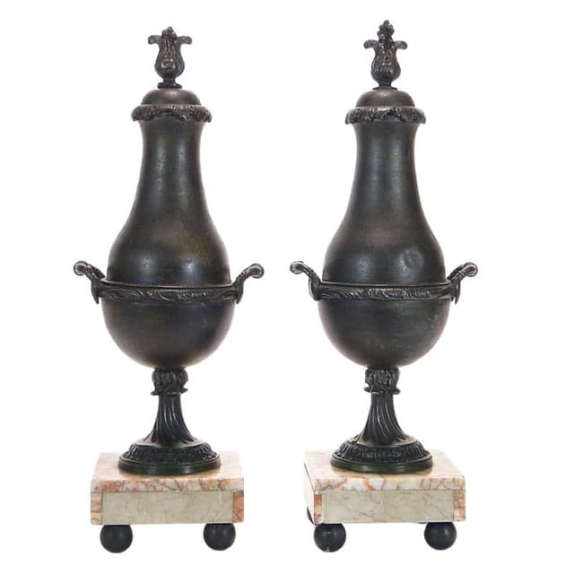 Pair of mantel garnitures amphorae, beige marble, brown-black metal, France, 19th century - DIMENSION