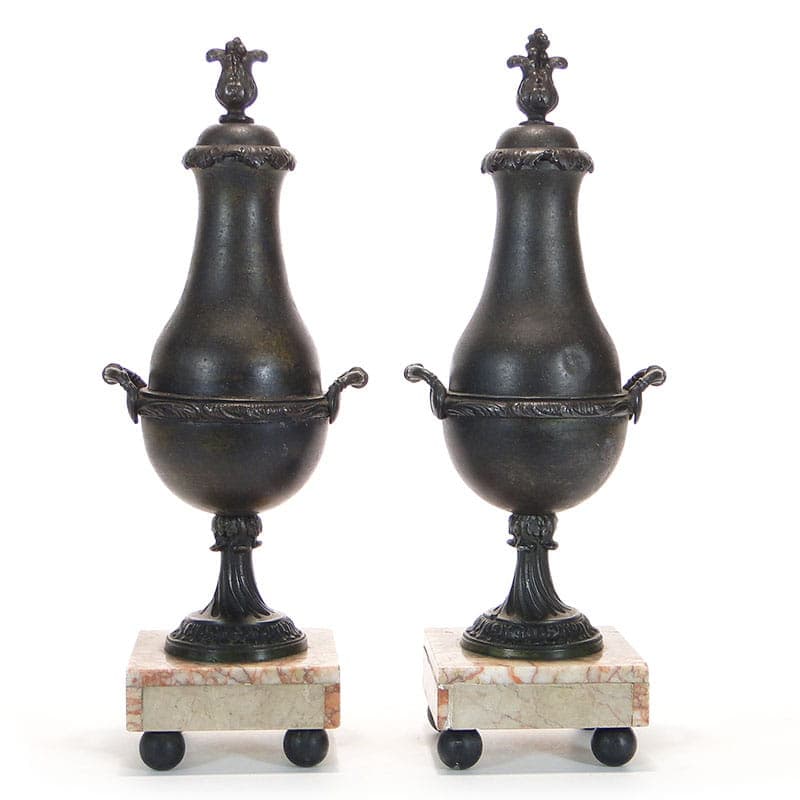 Pair of mantel garnitures amphorae, beige marble, brown-black metal, France, 19th century - 365505