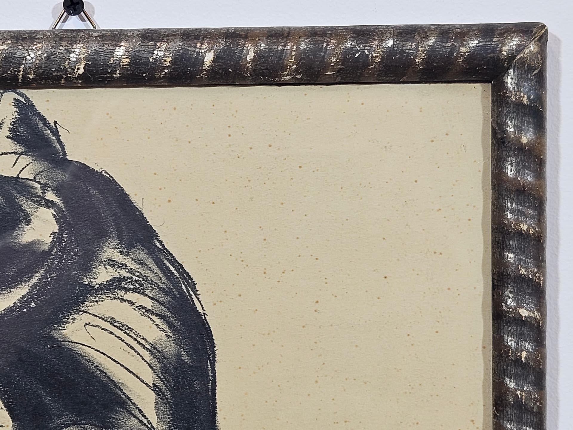 Drawing Cat, 28x35 cm, black chalk, black pencil, white paper, brown wood frame, 1950s. - 365520