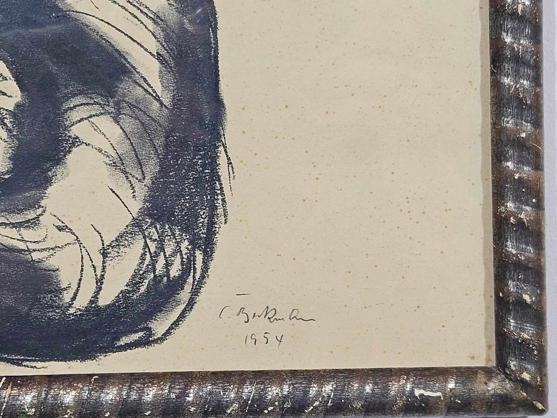 Drawing Cat, 28x35 cm, black chalk, black pencil, white paper, brown wood frame, 1950s. - 365519