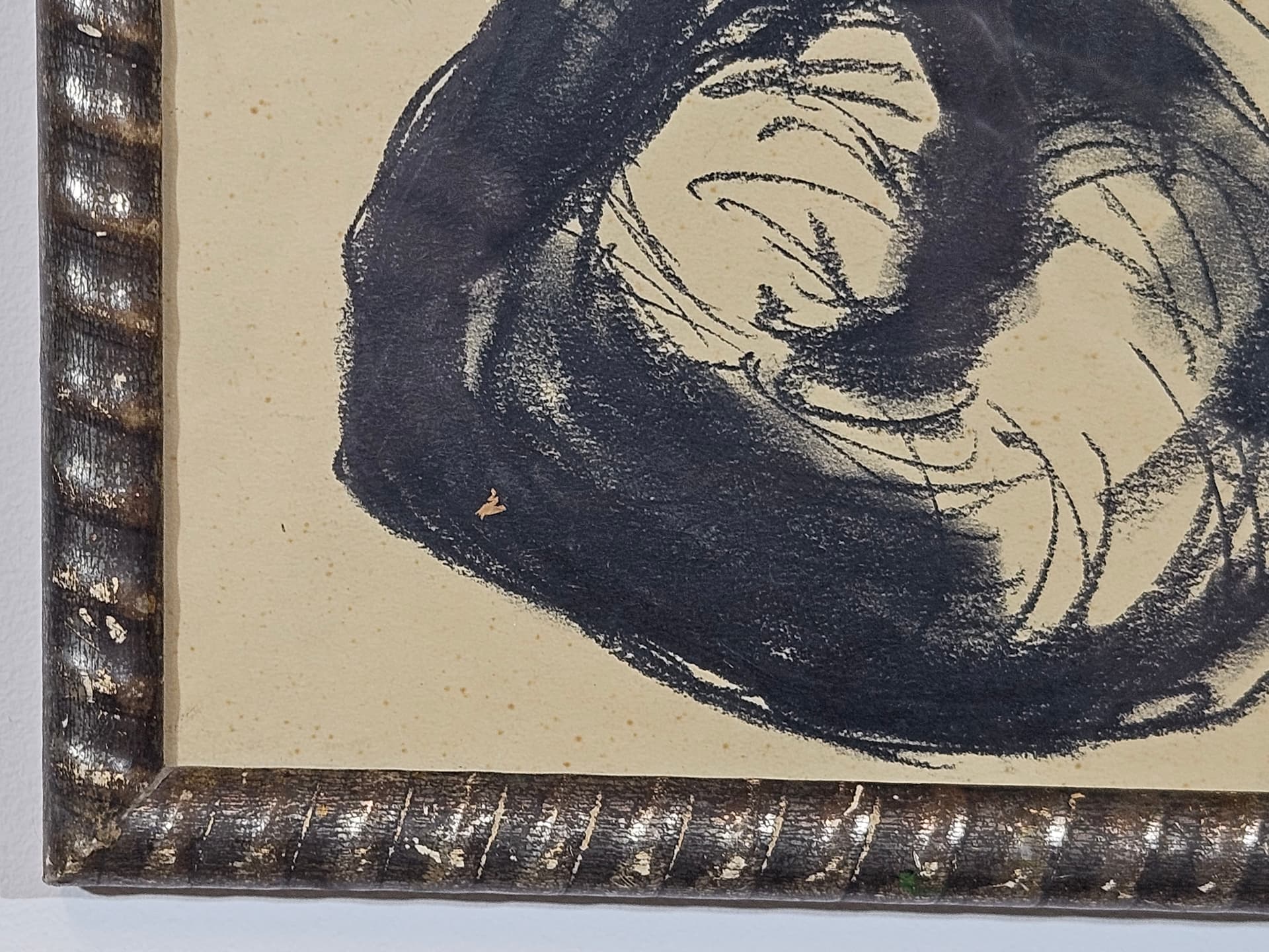 Drawing Cat, 28x35 cm, black chalk, black pencil, white paper, brown wood frame, 1950s. - 365526