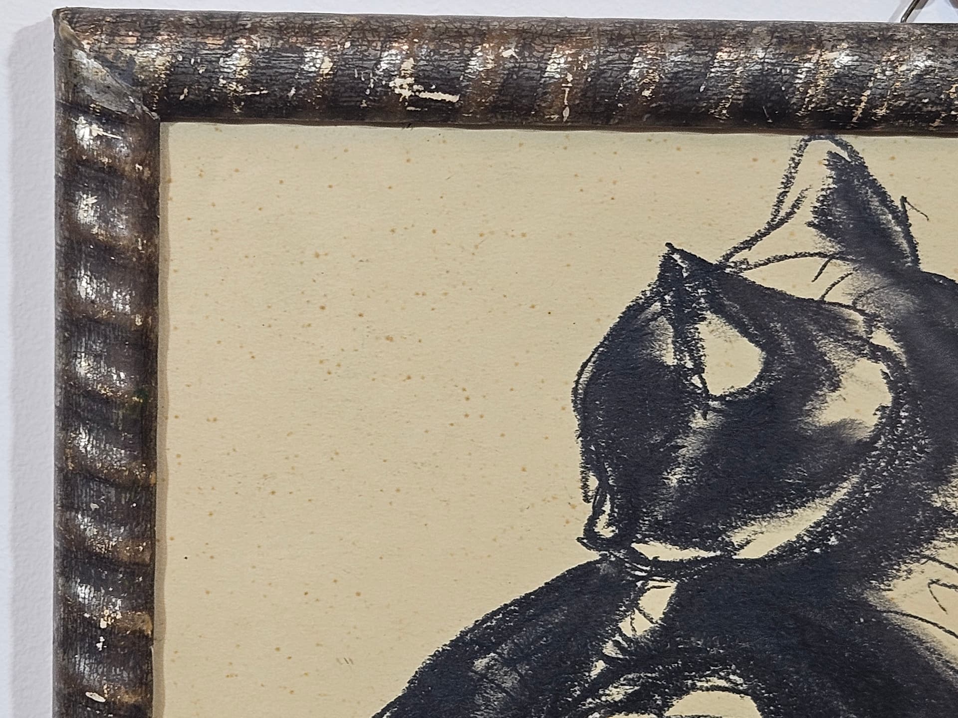 Drawing Cat, 28x35 cm, black chalk, black pencil, white paper, brown wood frame, 1950s. - 365524