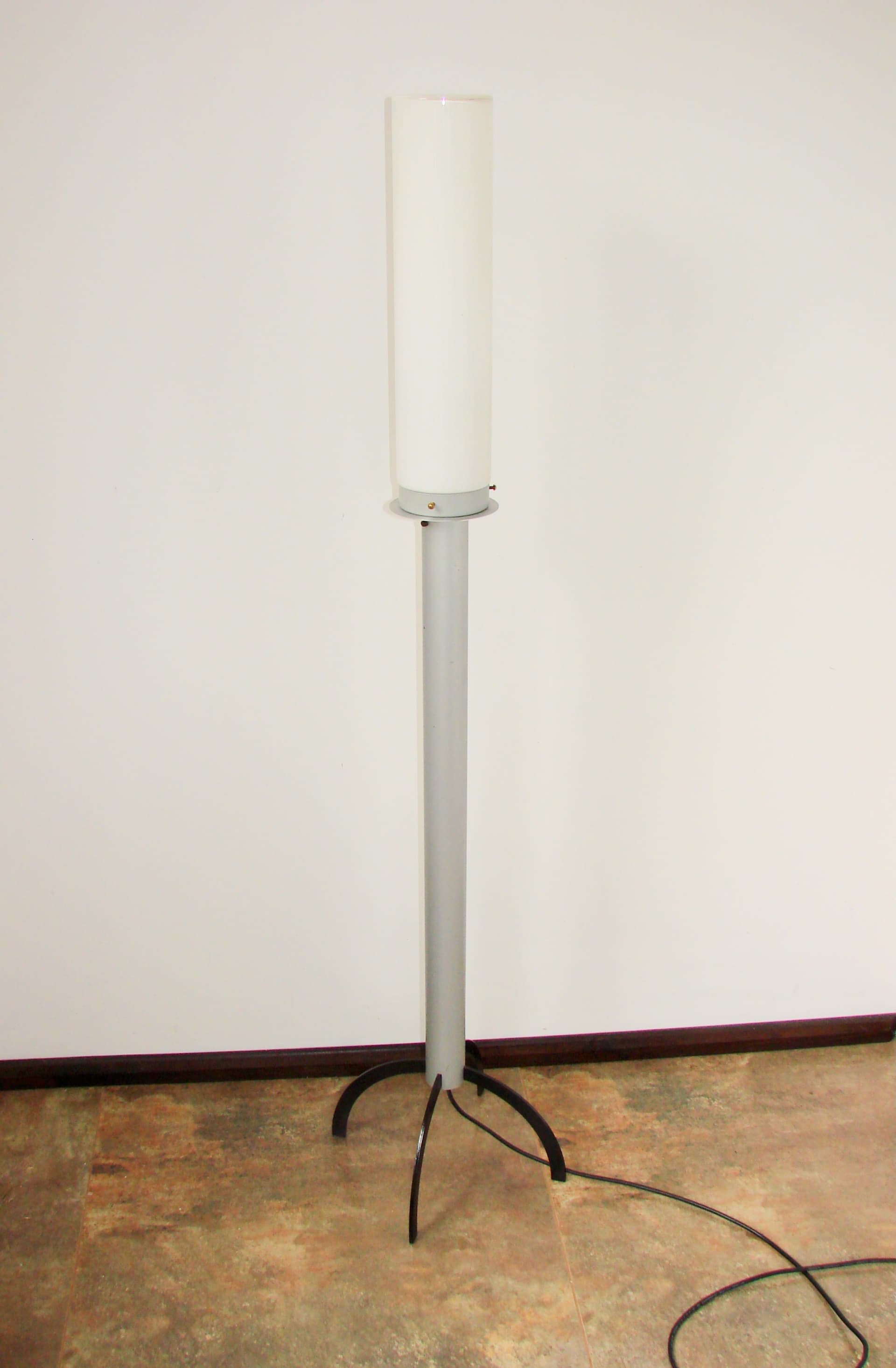 Floor lamp, grey metal, white glass shade, 1980s - 365564