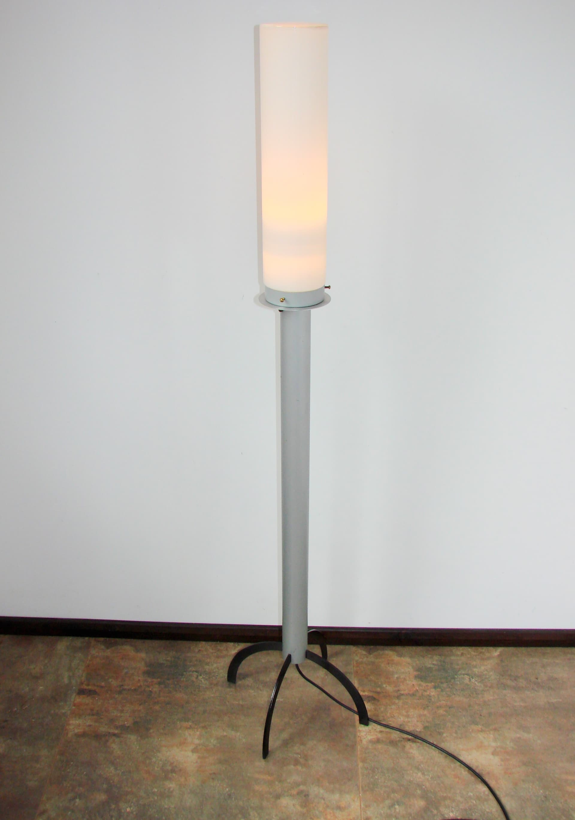Floor lamp, grey metal, white glass shade, 1980s - 365566