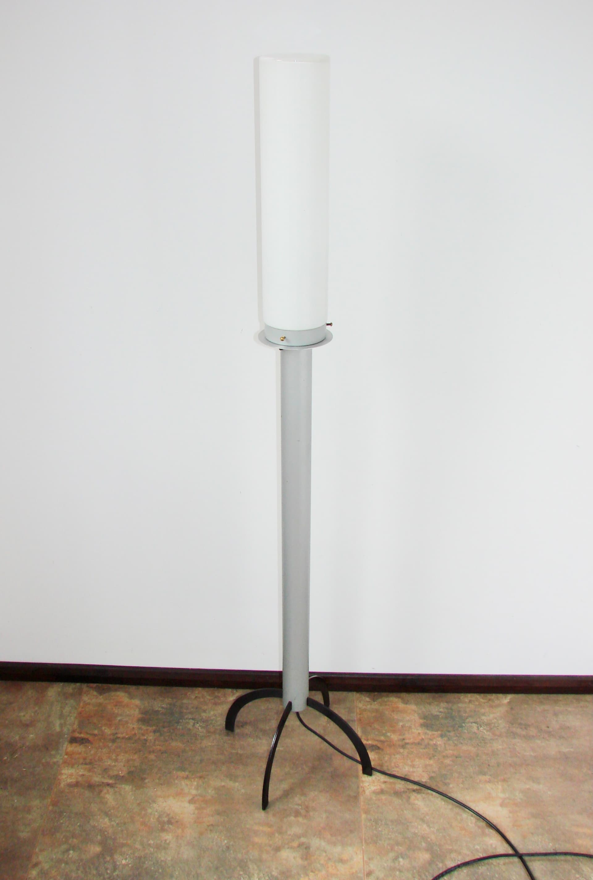 Floor lamp, grey metal, white glass shade, 1980s - 365558