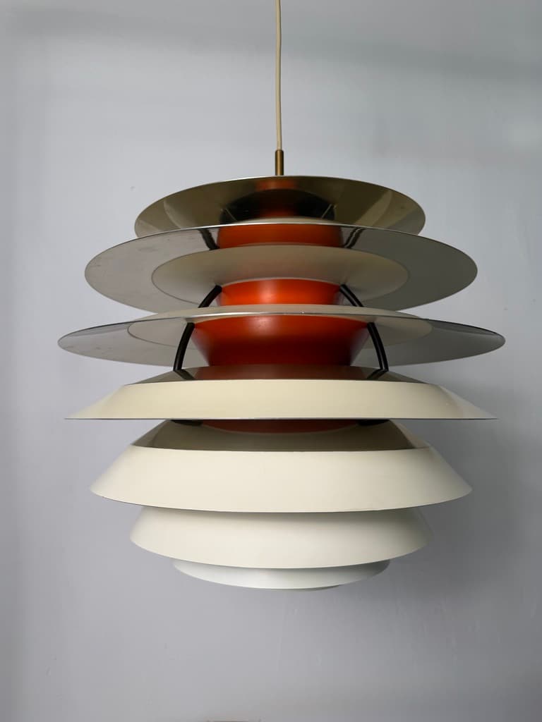 Pendant lamp PH Kontrast, silver orange white aluminium, by P. Henningsen, Louis Poulsen, Denmark, 1960s. - 365761