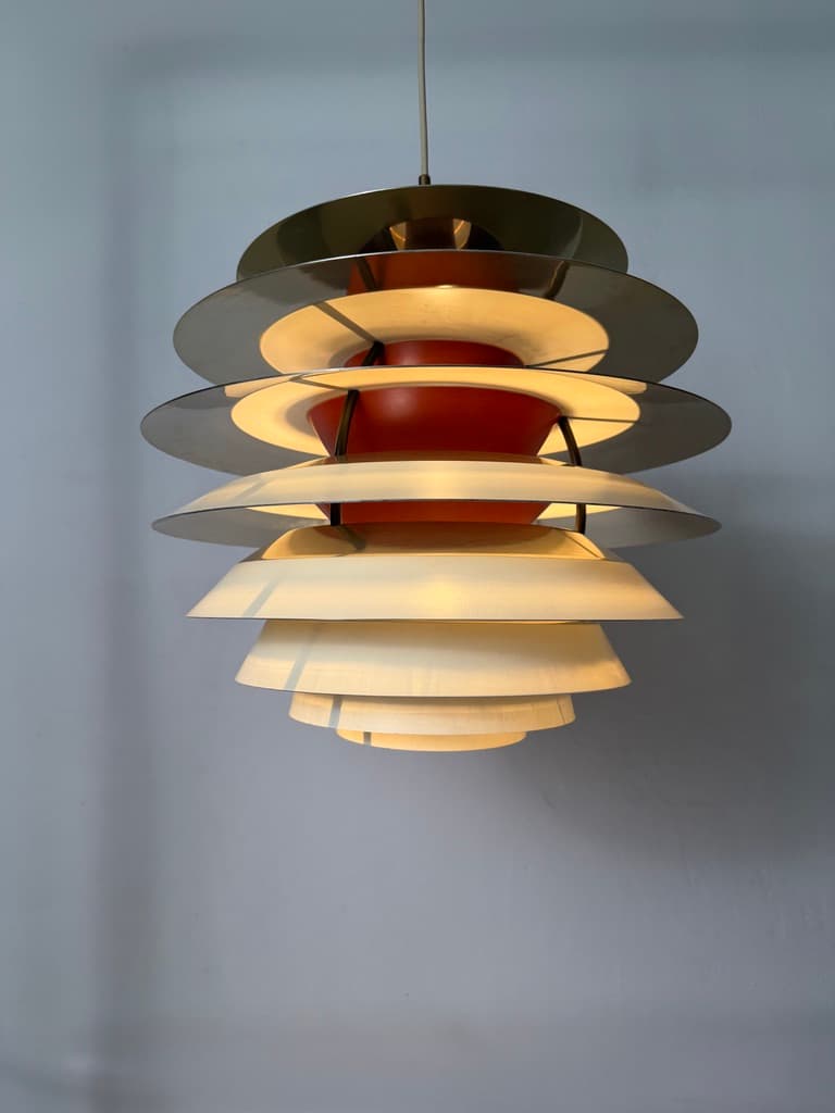 Pendant lamp PH Kontrast, silver orange white aluminium, by P. Henningsen, Louis Poulsen, Denmark, 1960s. - 365758