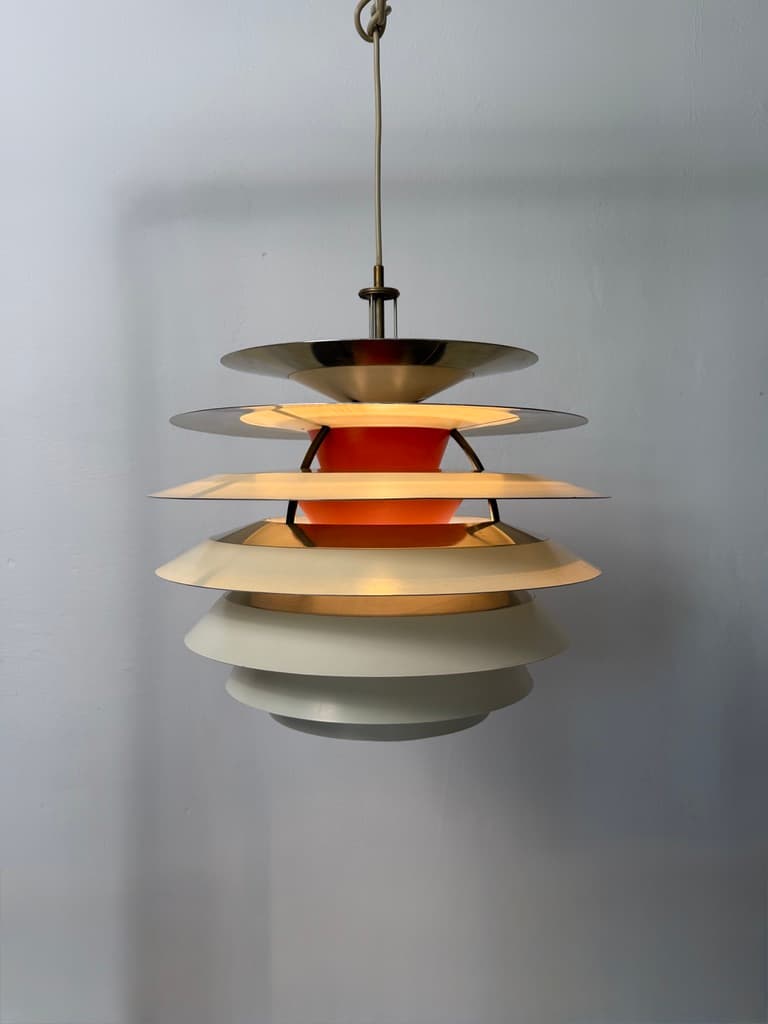 Pendant lamp PH Kontrast, silver orange white aluminium, by P. Henningsen, Louis Poulsen, Denmark, 1960s. - 365754