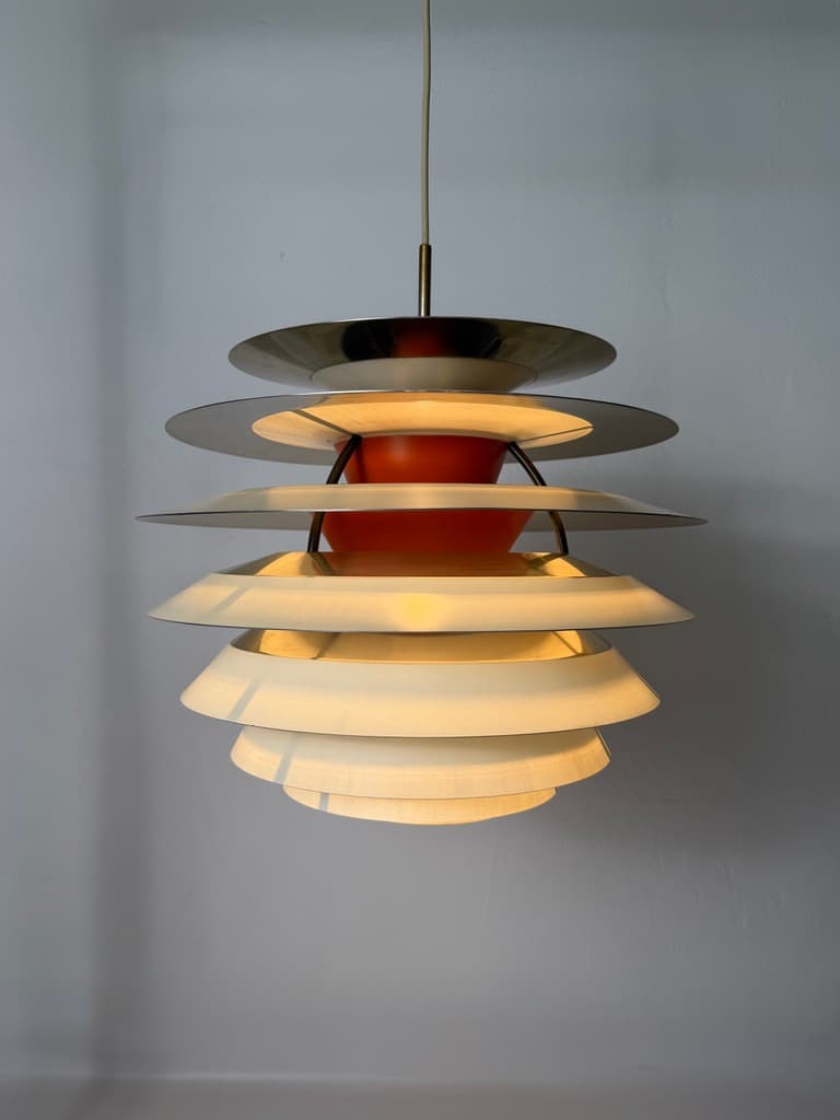 Pendant lamp PH Kontrast, silver orange white aluminium, by P. Henningsen, Louis Poulsen, Denmark, 1960s. - 365757