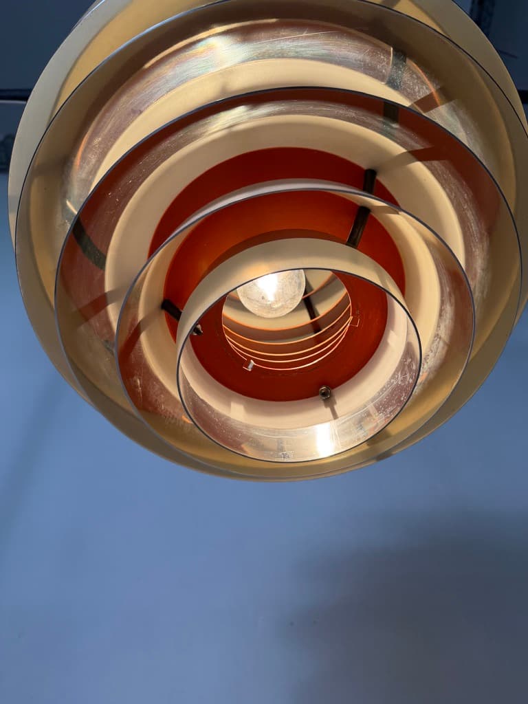 Pendant lamp PH Kontrast, silver orange white aluminium, by P. Henningsen, Louis Poulsen, Denmark, 1960s. - 365759