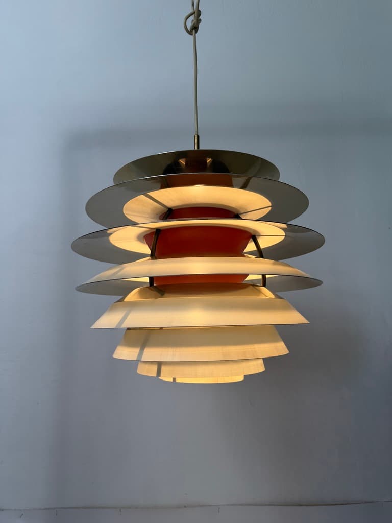 Pendant lamp PH Kontrast, silver orange white aluminium, by P. Henningsen, Louis Poulsen, Denmark, 1960s. - 365756