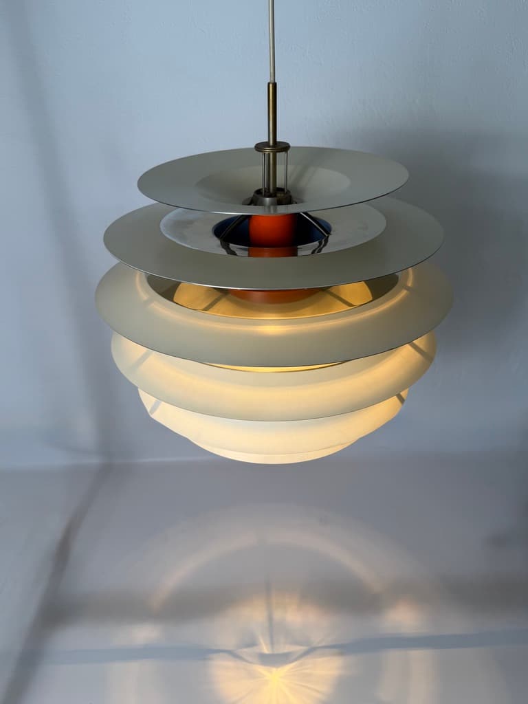 Pendant lamp PH Kontrast, silver orange white aluminium, by P. Henningsen, Louis Poulsen, Denmark, 1960s. - 365760