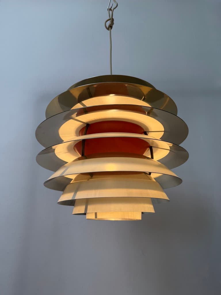 Pendant lamp PH Kontrast, silver orange white aluminium, by P. Henningsen, Louis Poulsen, Denmark, 1960s. - 365755