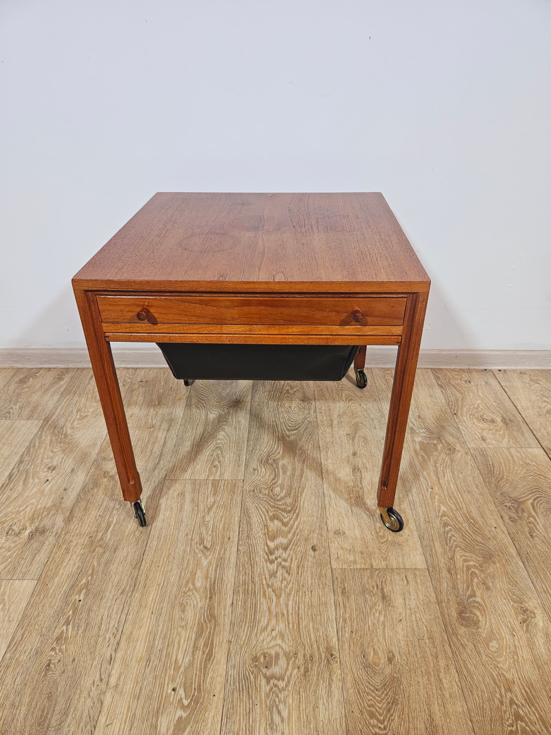Sewing table, brown teak, black faux leather, Denmark, 1960s. - 365779