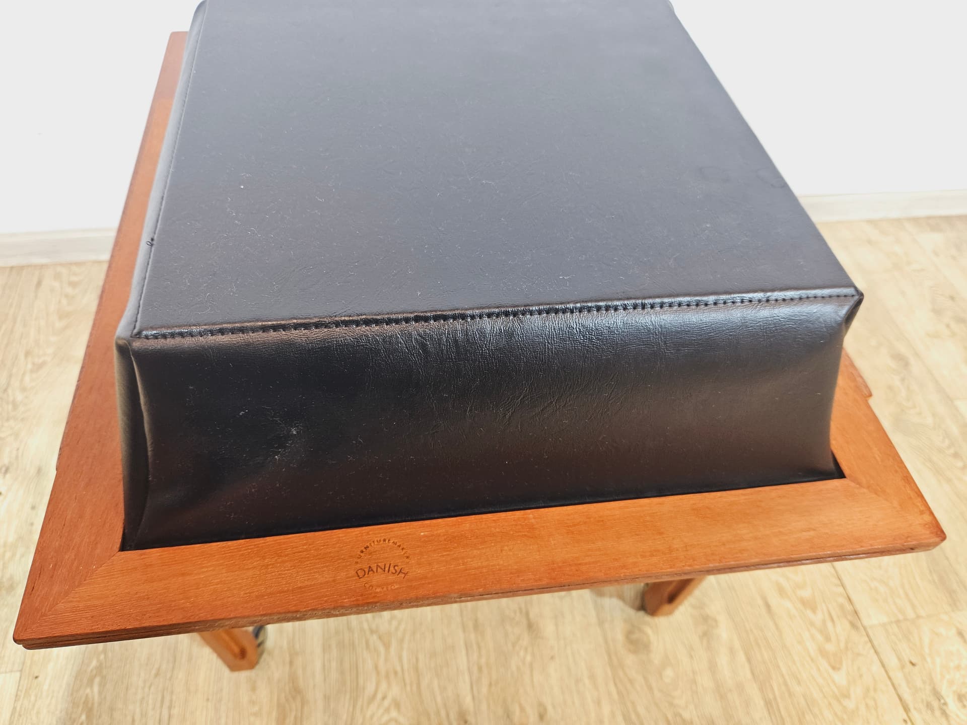 Sewing table, brown teak, black faux leather, Denmark, 1960s. - 365786