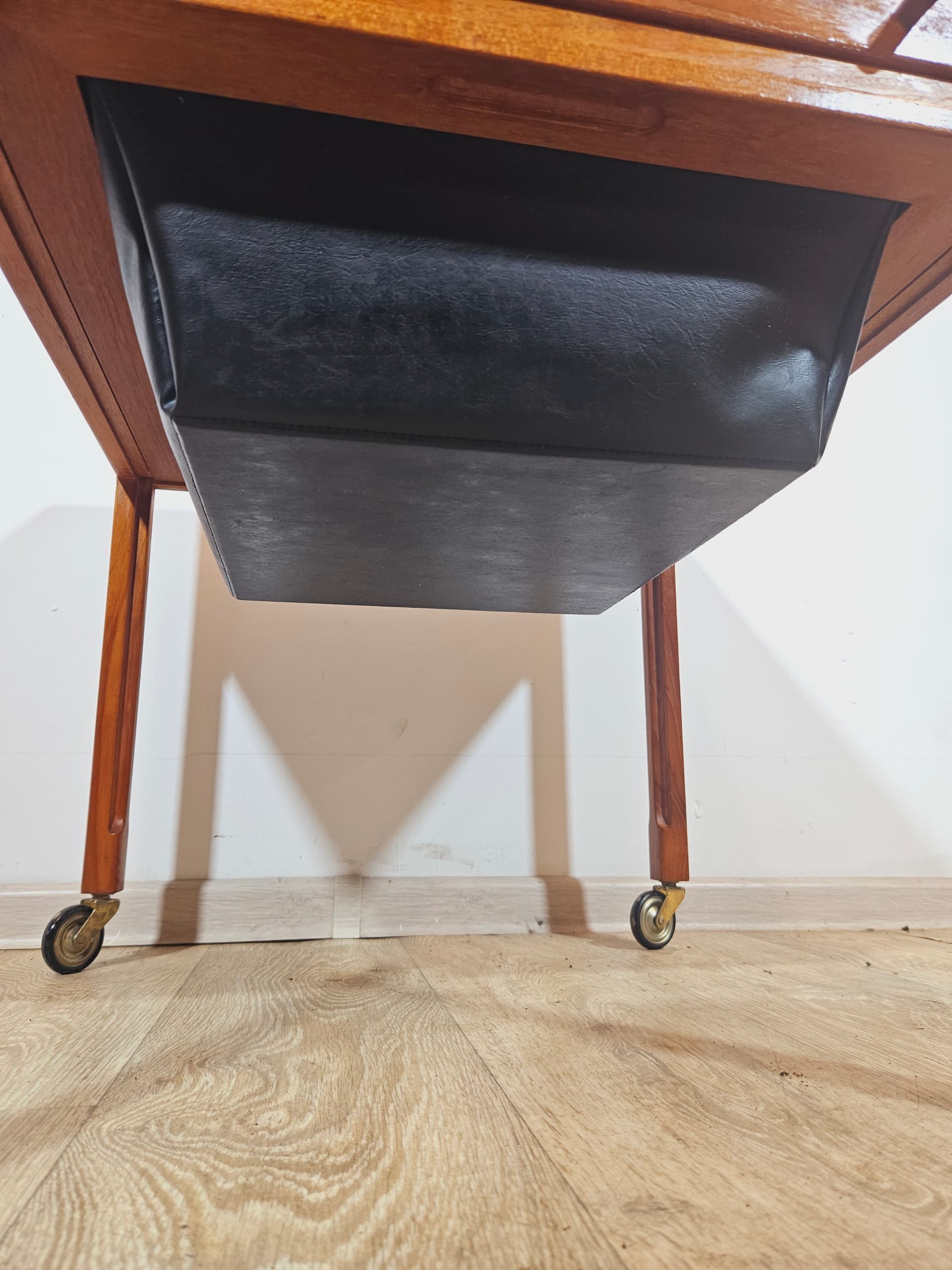 Sewing table, brown teak, black faux leather, Denmark, 1960s. - 365782