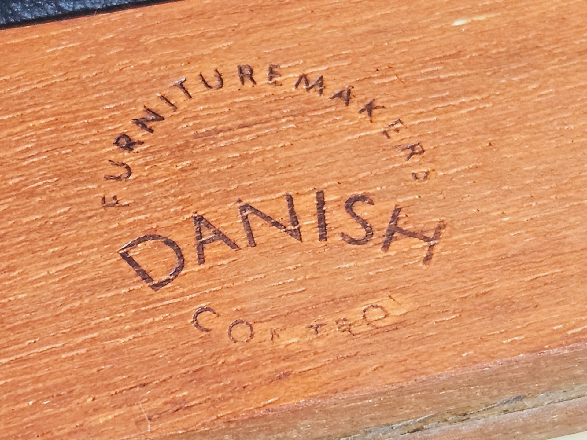 Sewing table, brown teak, black faux leather, Denmark, 1960s. - 365781