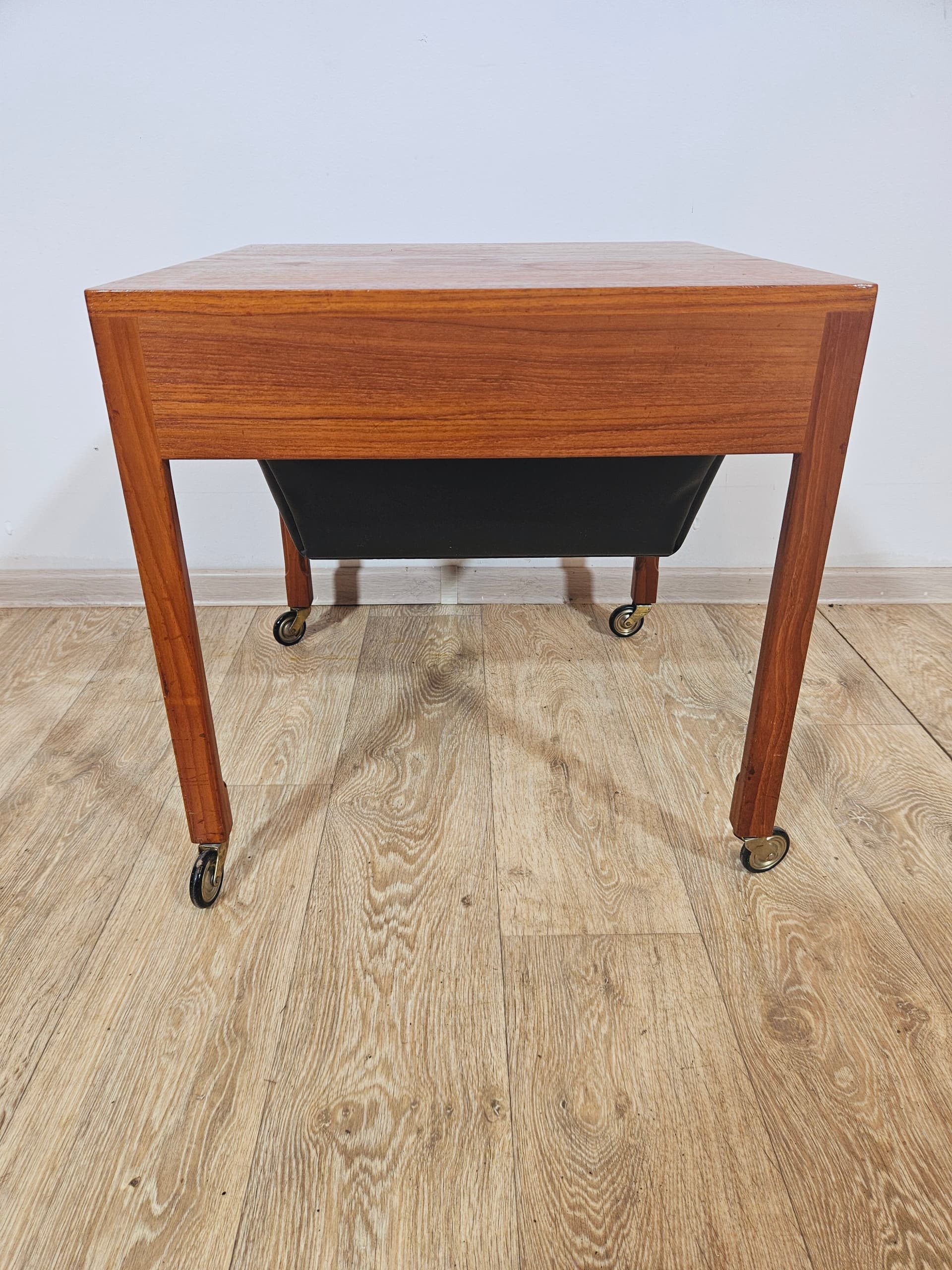 Sewing table, brown teak, black faux leather, Denmark, 1960s. - 365780