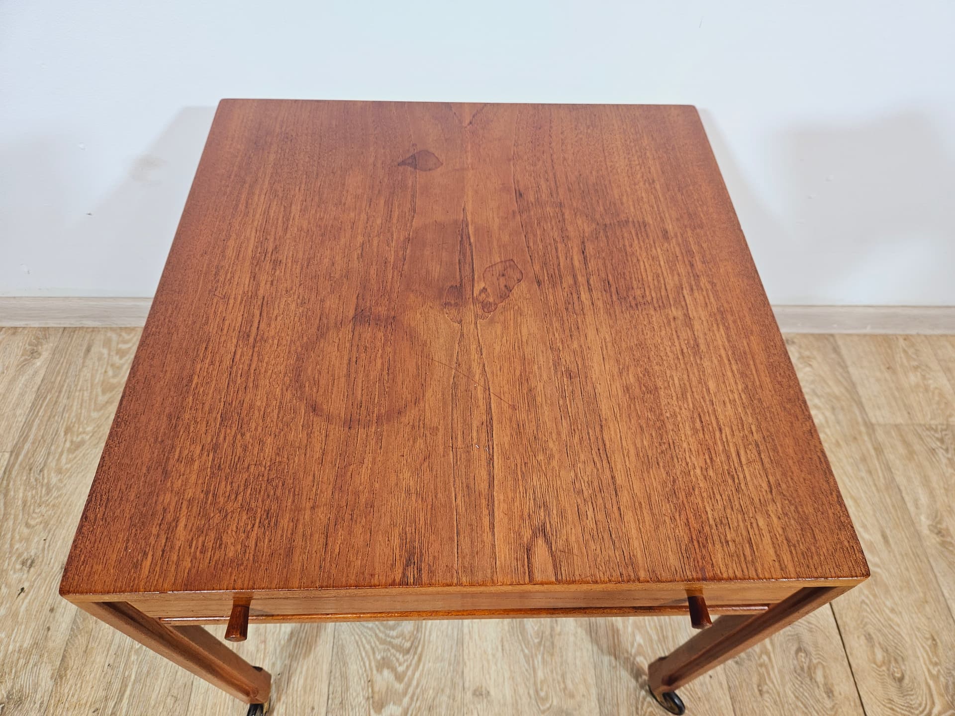 Sewing table, brown teak, black faux leather, Denmark, 1960s. - 365785