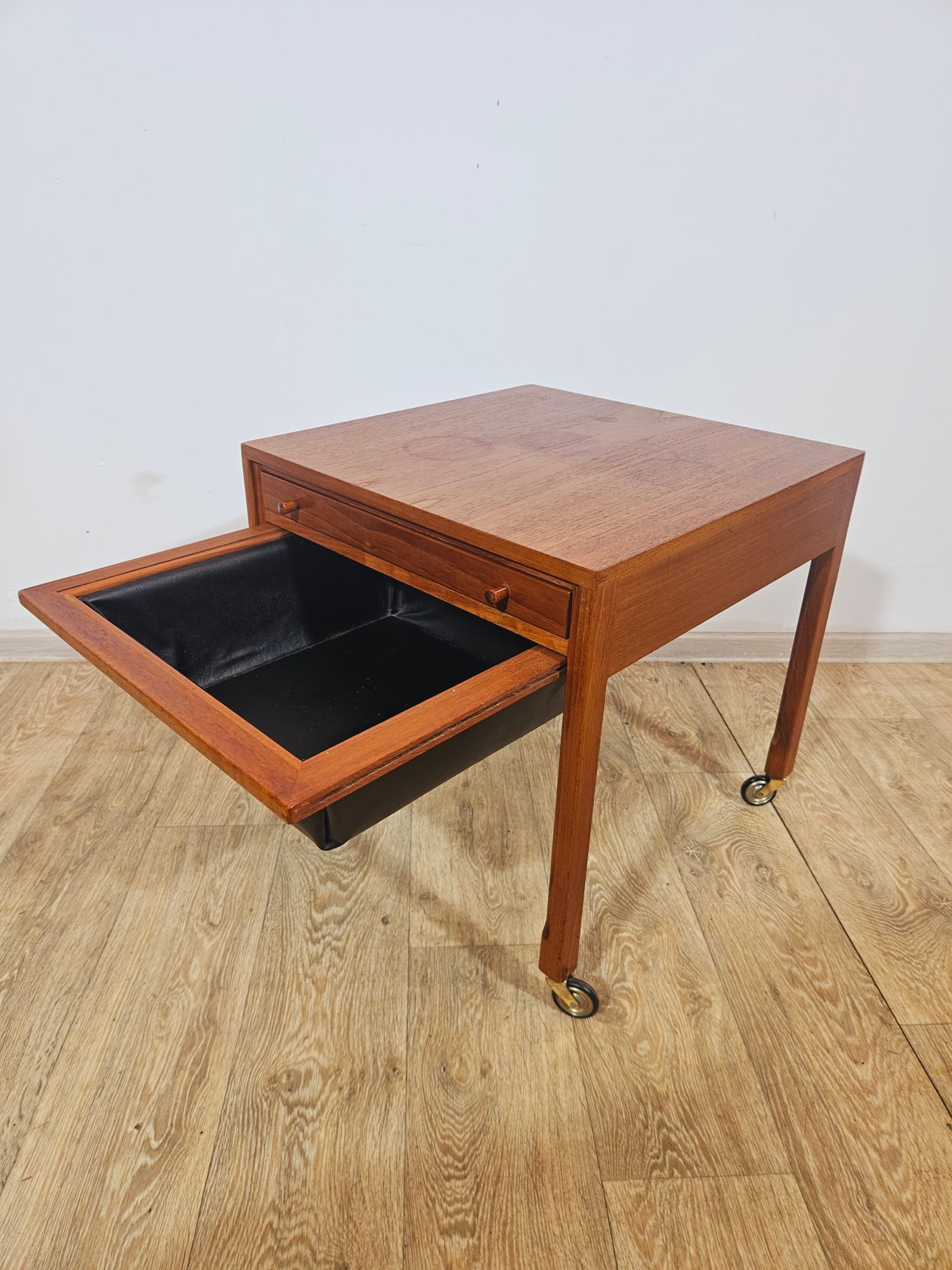 Sewing table, brown teak, black faux leather, Denmark, 1960s. - 365783