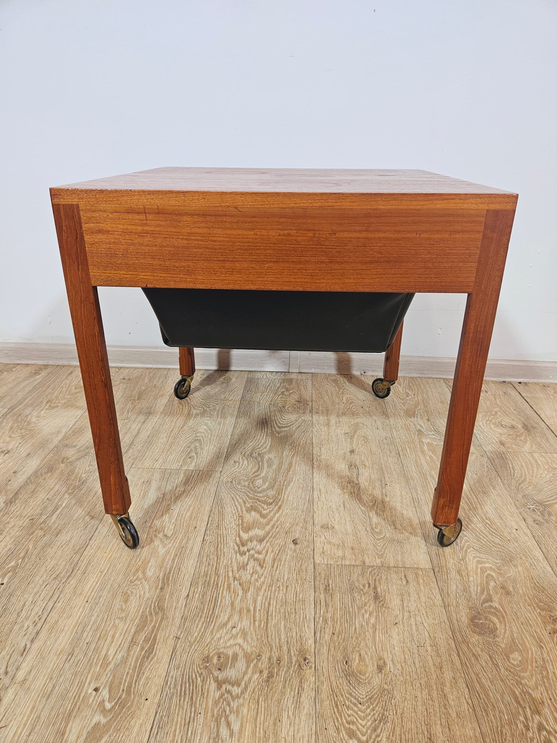 Sewing table, brown teak, black faux leather, Denmark, 1960s. - 365777