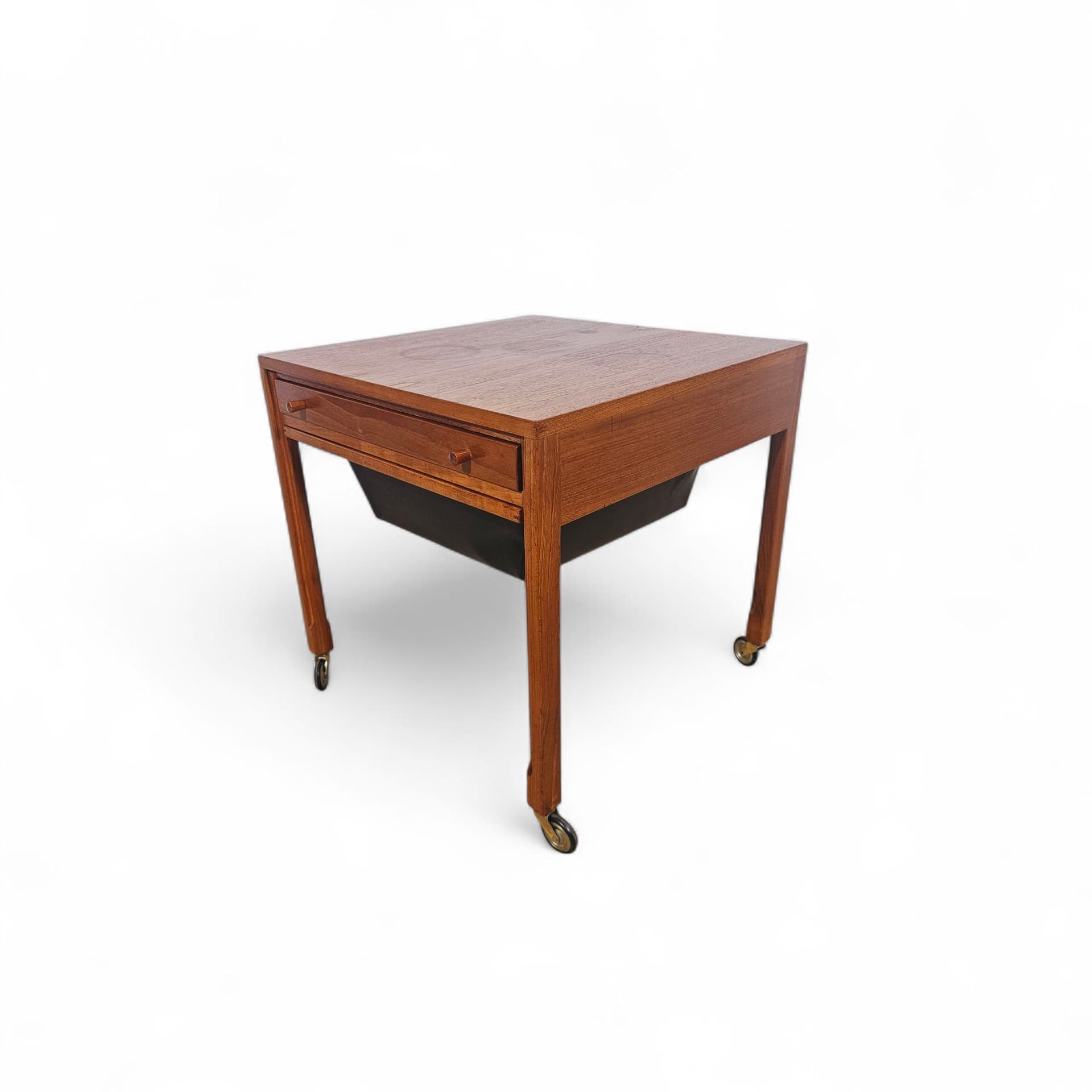 Sewing table, brown teak, black faux leather, Denmark, 1960s. - 365775