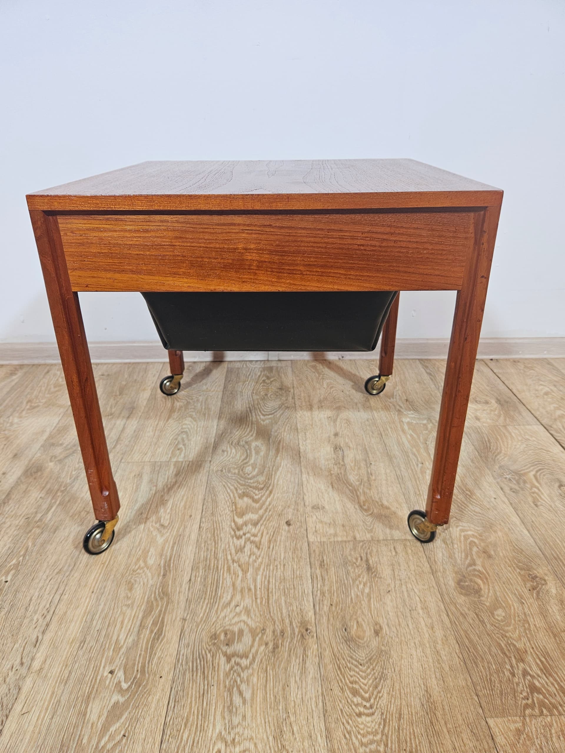 Sewing table, brown teak, black faux leather, Denmark, 1960s. - 365776