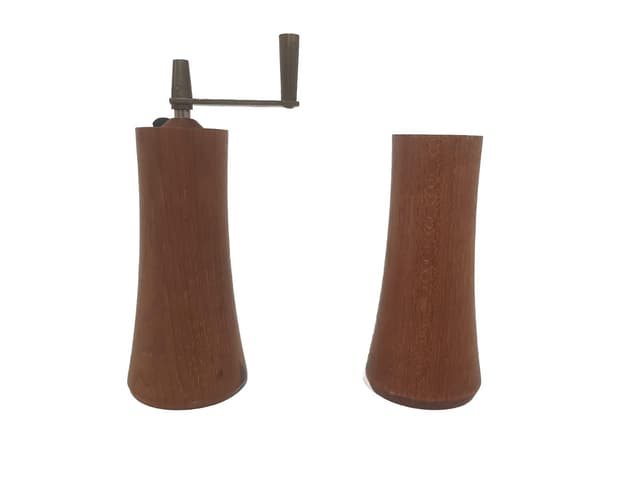 Salt and pepper set, brown teak, silver metal, by L. Lønborg, Denmark, 1960s. - DIMENSION