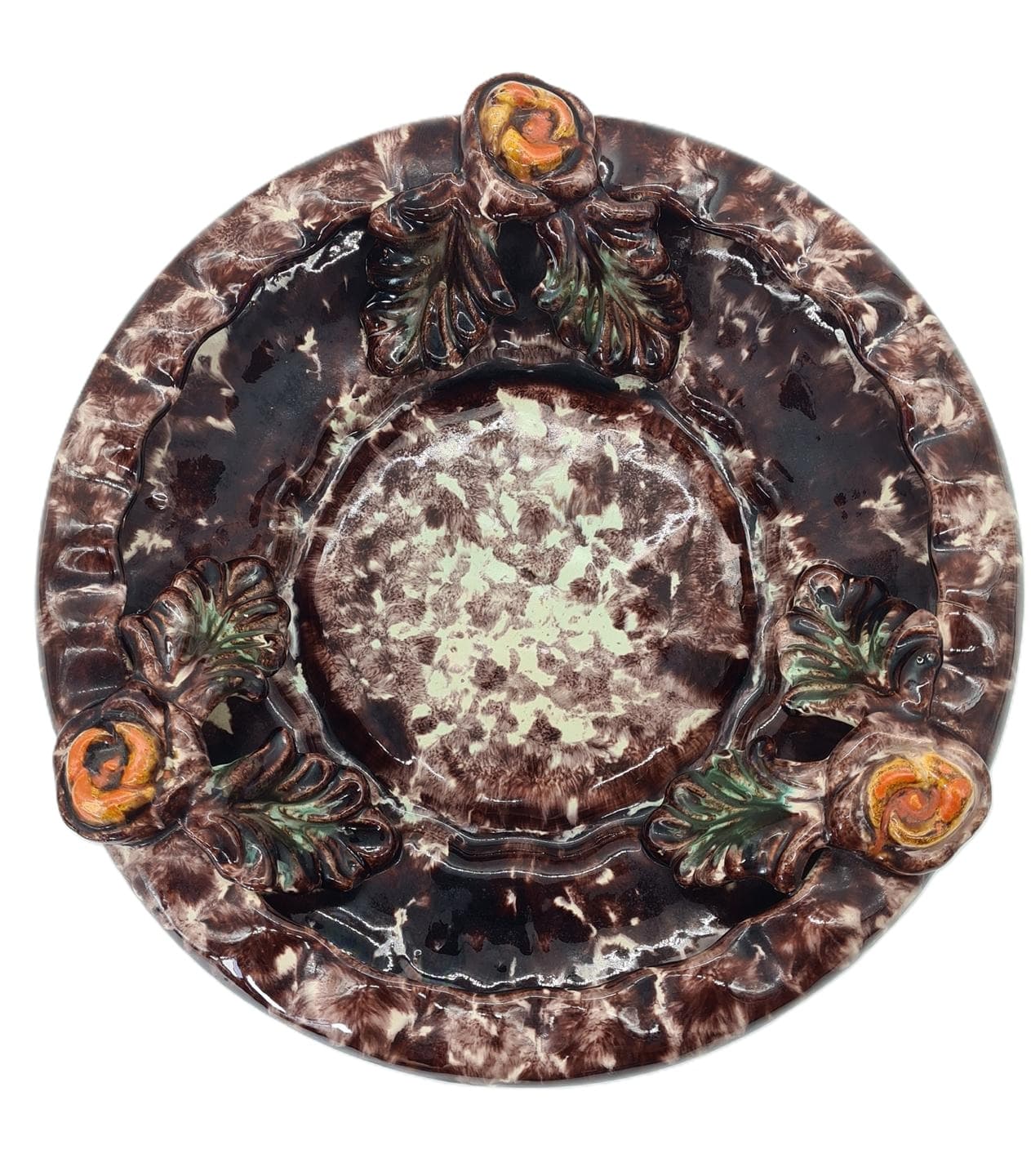 Decorative plate, brown cream green orange yellow, ceramic, Jasba Keramik, Germany, 1960s. - 365961