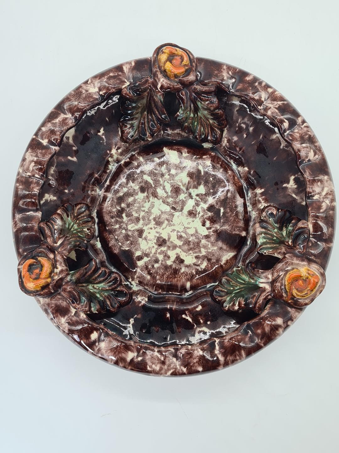 Decorative plate, brown cream green orange yellow, ceramic, Jasba Keramik, Germany, 1960s. - 365965