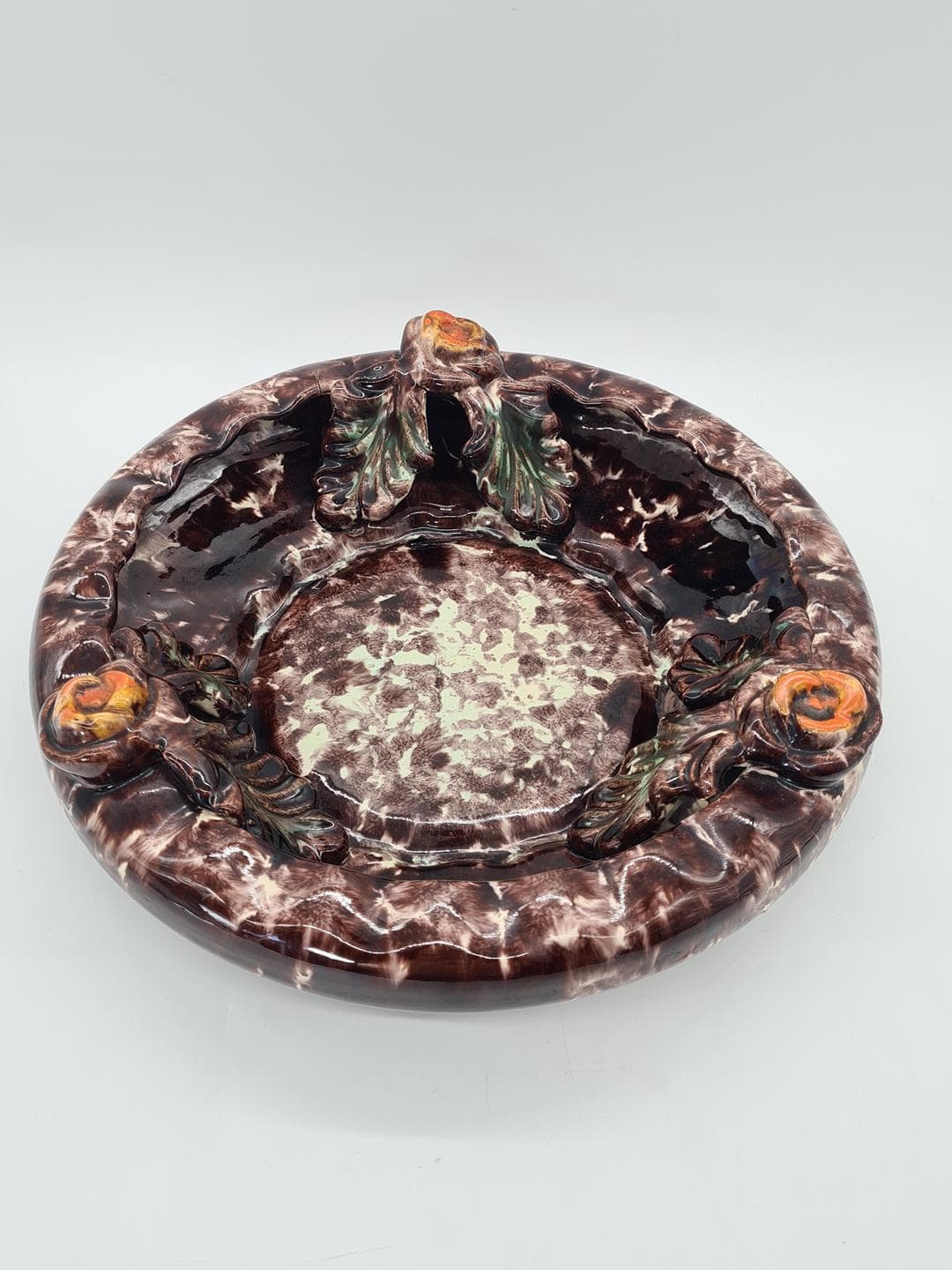 Decorative plate, brown cream green orange yellow, ceramic, Jasba Keramik, Germany, 1960s. - 365971
