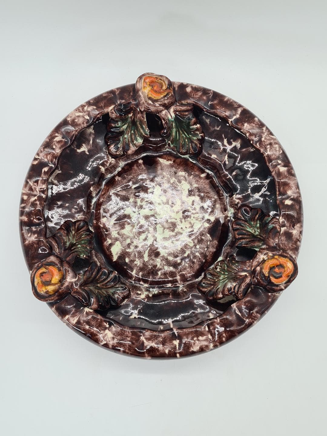 Decorative plate, brown cream green orange yellow, ceramic, Jasba Keramik, Germany, 1960s. - 365970