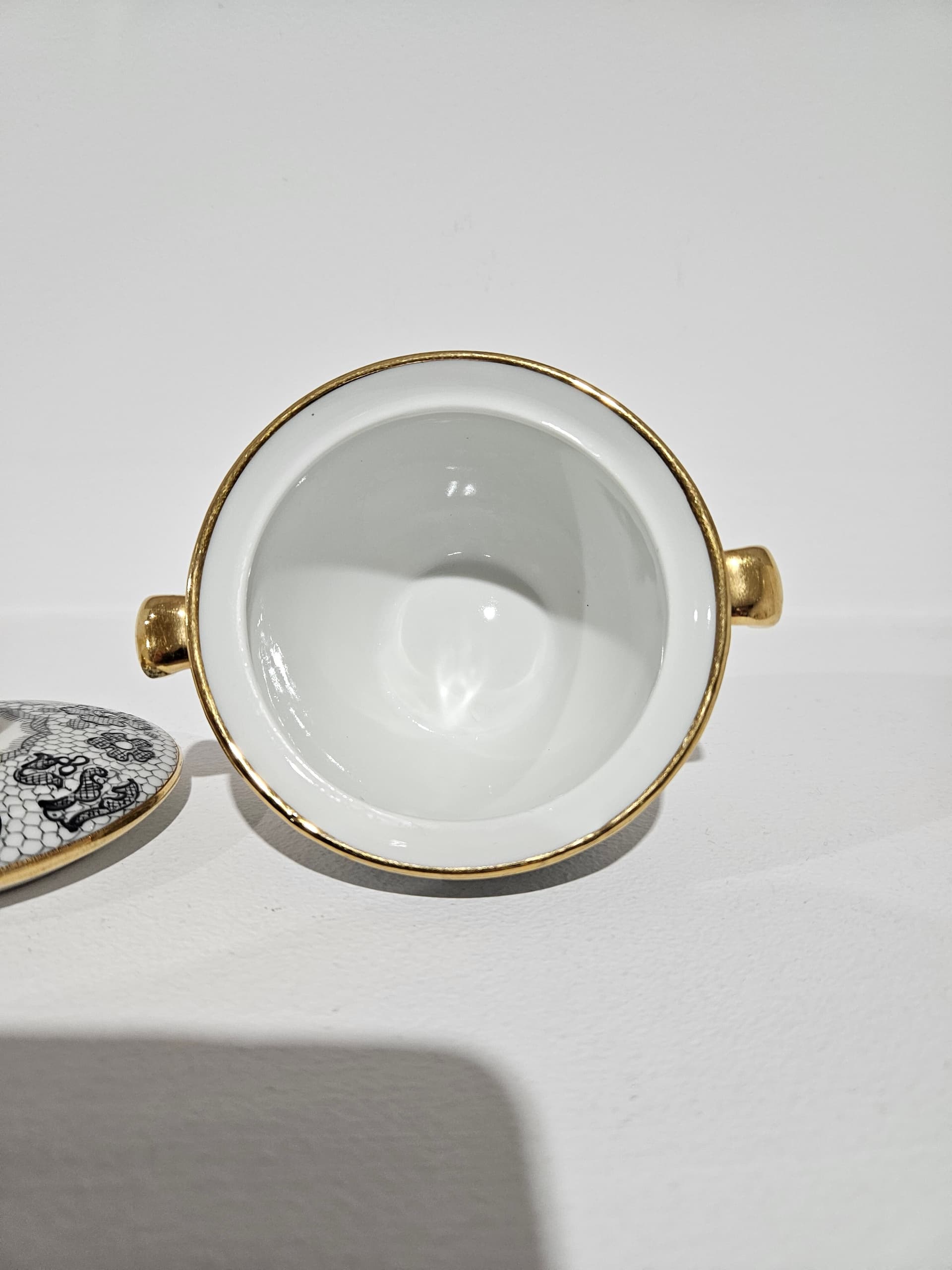 Sugar Bowl Limoges Marcel Rochas, white black gold, porcelain gilt, Tallec, France, 1950s - 366085