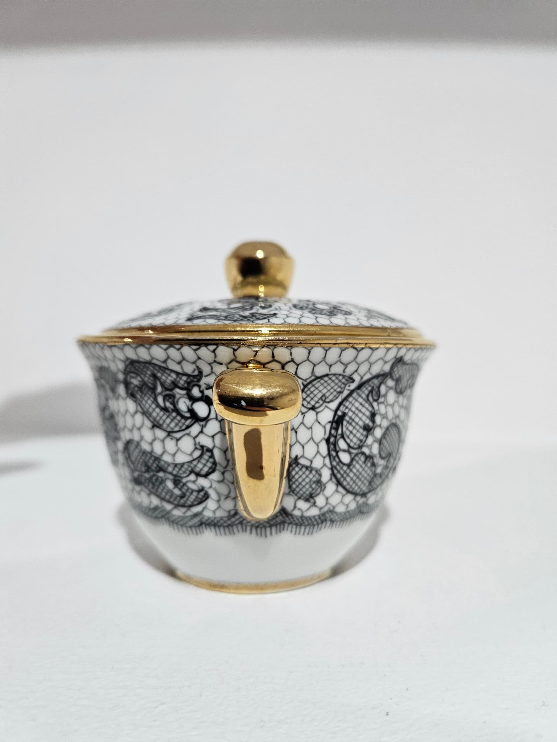 Sugar Bowl Limoges Marcel Rochas, white black gold, porcelain gilt, Tallec, France, 1950s - 366082