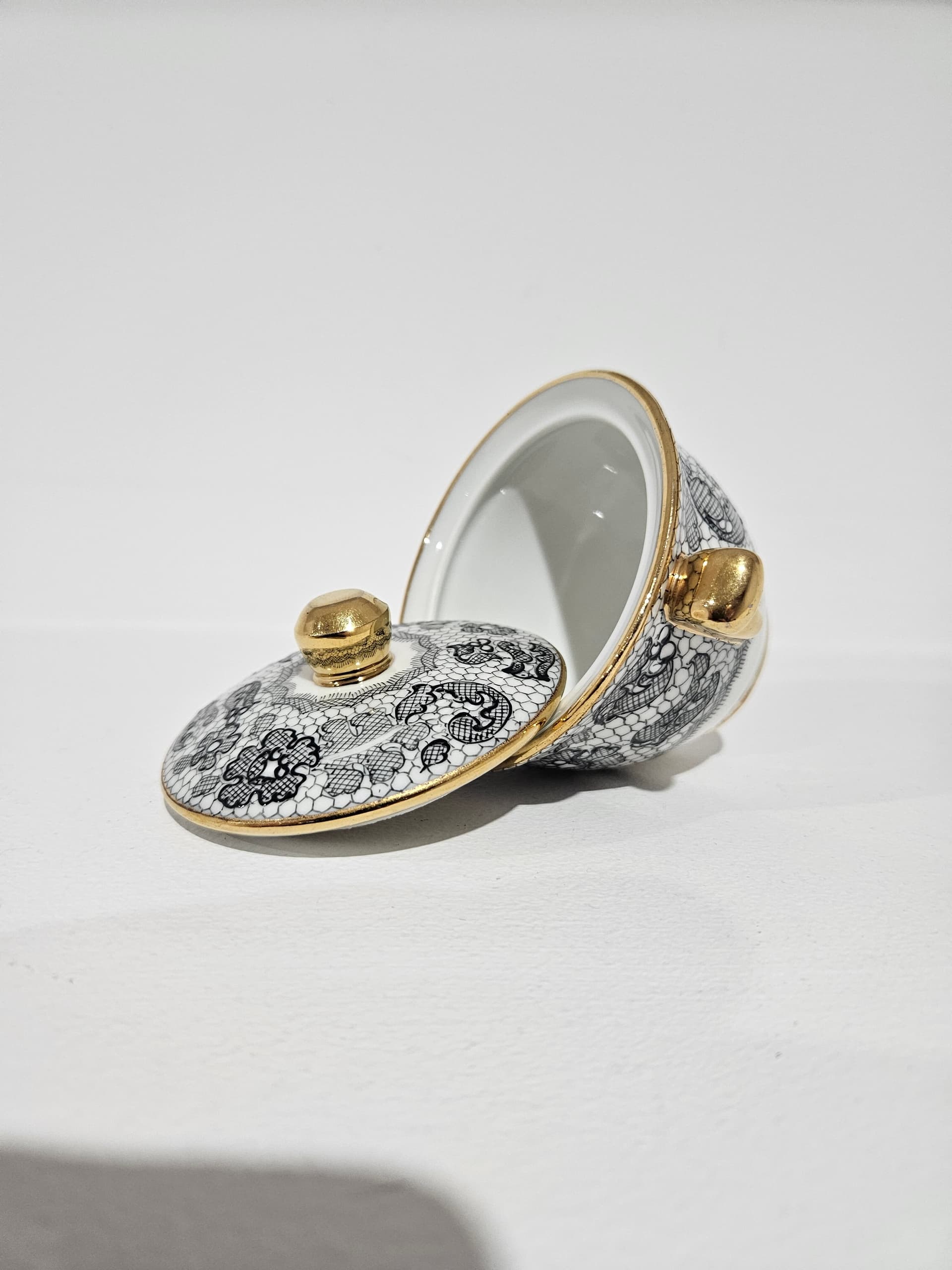 Sugar Bowl Limoges Marcel Rochas, white black gold, porcelain gilt, Tallec, France, 1950s - 366084