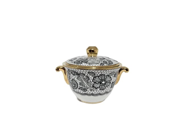 Sugar Bowl Limoges Marcel Rochas, white black gold, porcelain gilt, Tallec, France, 1950s - DIMENSION
