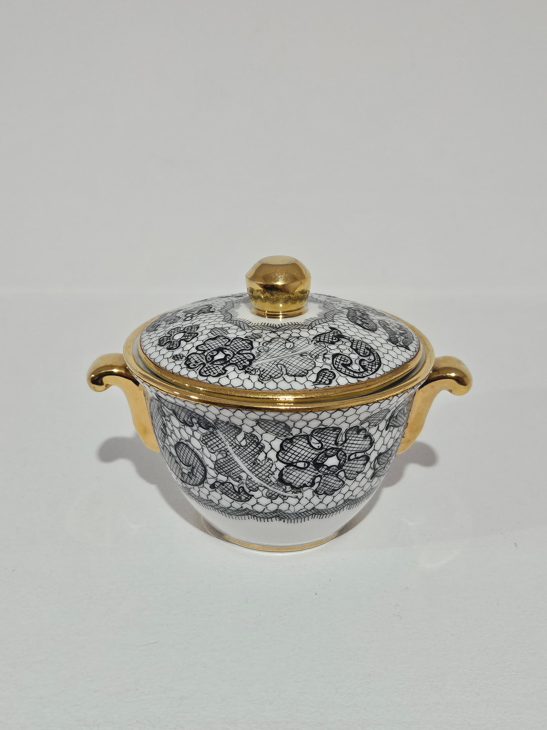 Sugar Bowl Limoges Marcel Rochas, white black gold, porcelain gilt, Tallec, France, 1950s - 366079
