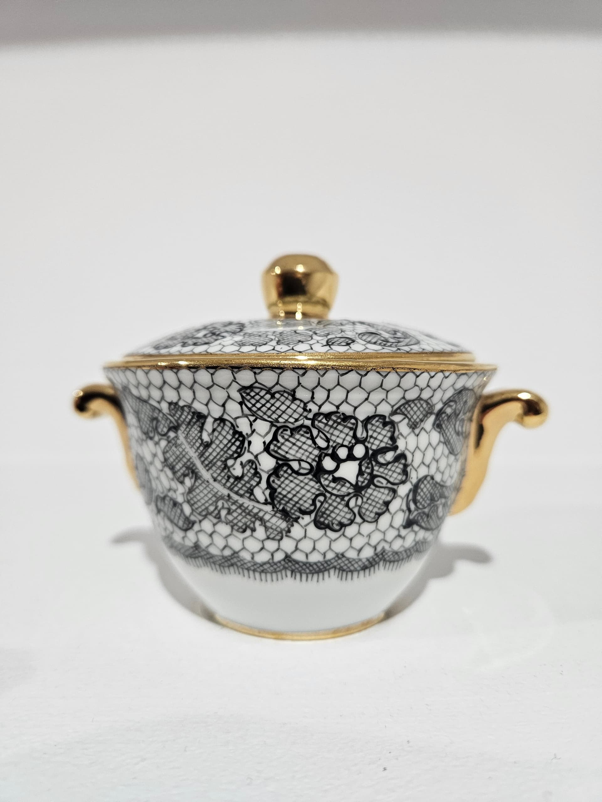 Sugar Bowl Limoges Marcel Rochas, white black gold, porcelain gilt, Tallec, France, 1950s - 366081