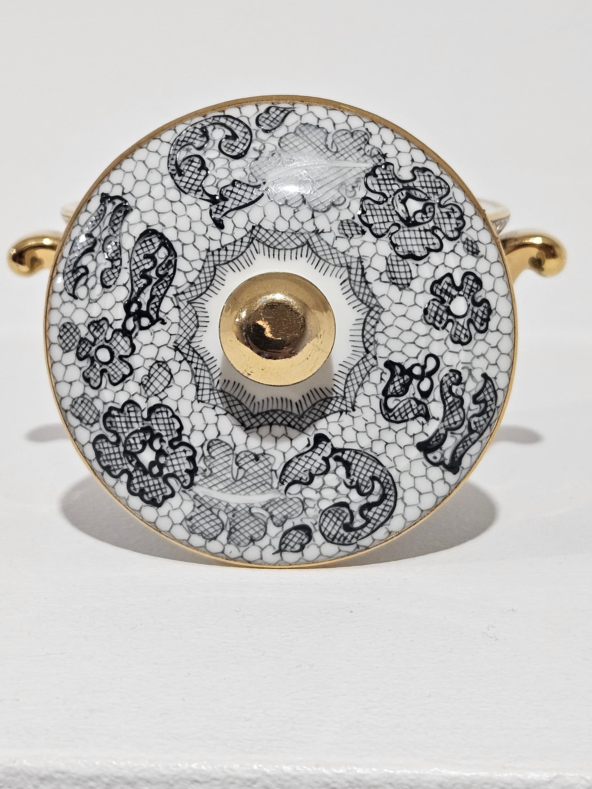 Sugar Bowl Limoges Marcel Rochas, white black gold, porcelain gilt, Tallec, France, 1950s - 366087